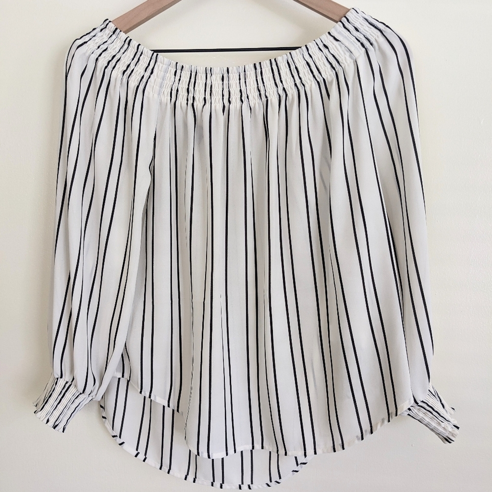 Express Smocked Off-the-Shoulder Striped Blouse